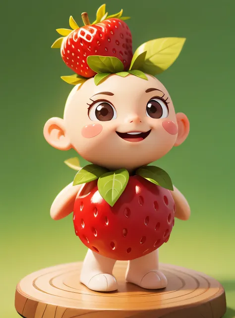 A small smiling strawberry with cute leaves and a friendly expression sticker :: Fruity and kind :: Red and green colors with cute expressions :: Adesivo 2D