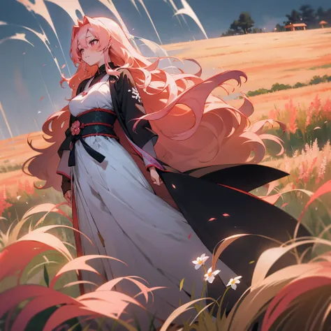 1female, adult, big breast, tan skin, finely detailed pink eyes, long wavy hair, pale coral hair color, loose open yukata, ronin clothing, blushing, standing in flower field, waterfall, night, somber expression, village background, serious 