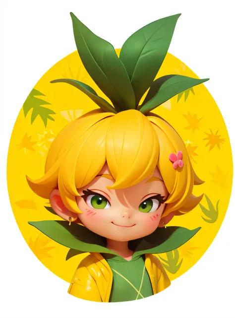 A small smiling pineapple with cute leaves and a friendly expression sticker :: Fruity and kind :: yellow and green colors with cute expressions :: Adesivo 2D