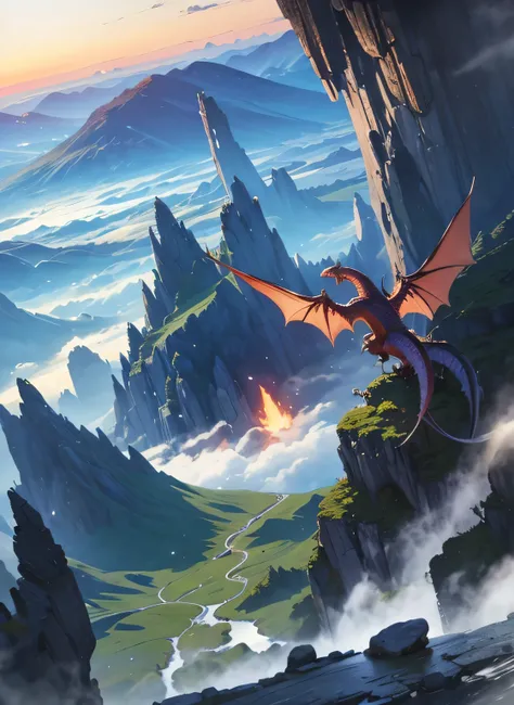 imagem para banner, fantasia D&D, montanhas azuis no plano de fundo, linda paisagem, dragon flying over the sky