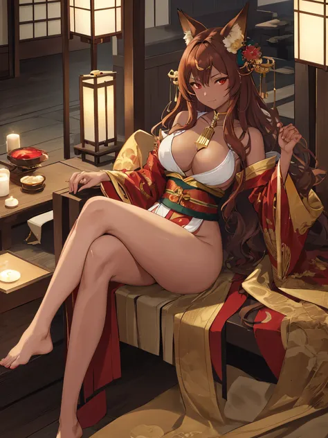 1 girl, red eyes, gold hair, Brown long wavy hair, Brown skin color, hourglass shape body, C cup breasts, big hips, 56ft, fox eyes small, frown, smirk, Wear a luxurious gold and white kimono, Kimono with slit on thigh and Chest groove, In the Japanese cast...