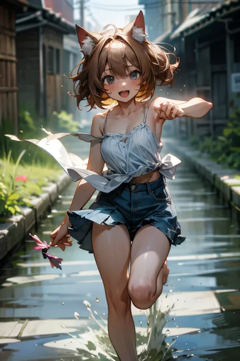 ((Masterpiece)), (Anime:1.5), ((best quality)), (RAW photo:1.2), (High Definition:1.3), (Professional Photography:1.2), (chromatic aberration), 1girl, ((12years old)), 8K, cinematic lighting, very messy hair, (Kicking and splashing:1.3), (on the shallow ca...