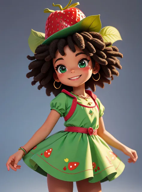 A small smiling afro strawberry with cute leaves and a friendly expression sticker :: Fruity and kind :: Red and green colors with cute expressions :: Adesivo 2D