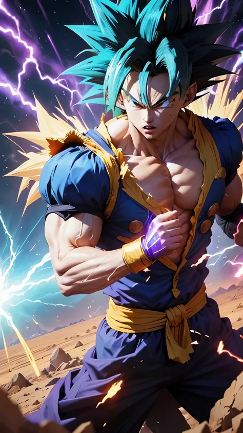 Super Saiyan Goku unleashes a massive energy wave while standing in a desert field after battle, the surroundings are filled with lush greenery, and the sky is a mix of blue and white hues. The energy wave is bright purple with glowing gold colored electri...