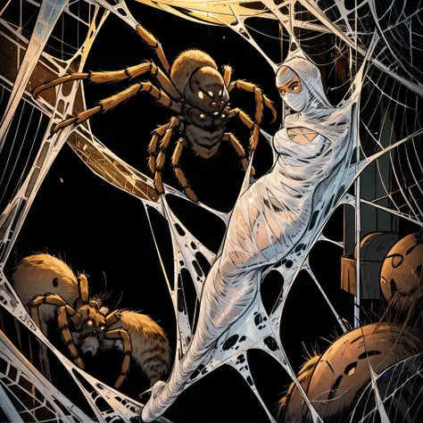 a girl entangled in the spider web, struggle, detailed classroom, (cocoon:1.3), spider web, hanging, spider in the web, spider