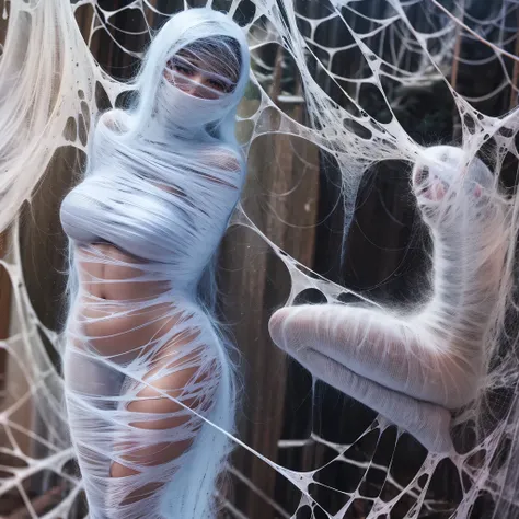 a girl entangled in the spider web, struggle, detailed classroom, (cocoon:1.3), spider web, hanging, spider in the web, spider