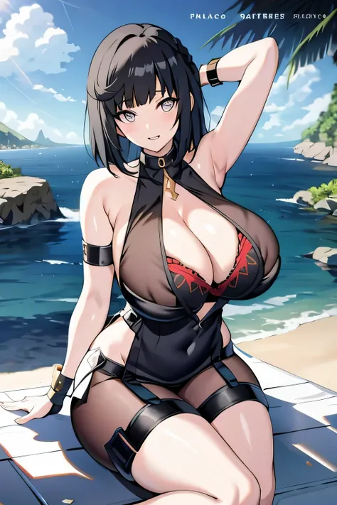 black hair, black colored dress, white eyes, gigantic breasts, cleavage, bare legs