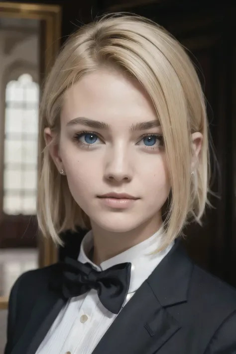 Portrait of a European girl,One,20 years,Beautiful face,Upper body,hair over one eye,Middle side cut, blonde hair, sharp focus,A person in a black business suit looks straight into the camera