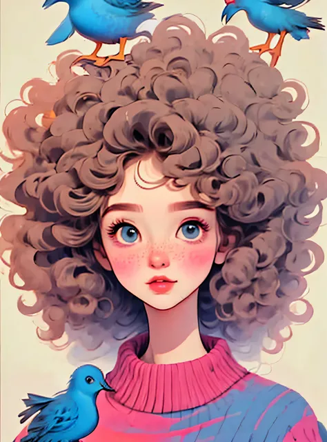 (melhor qualidade,4k,8K,high resolution,obra de arte:1.2),Super detalheed,(real,photoreal,photo-real:1.37),Unique style,kind girl sitting,cabelo exagerado,fofinho hair,pequenas sardas,exaggerated expression,Surrealismo,Duck egg green polka dot sweater,deta...
