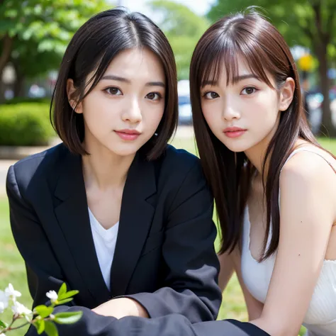 Best-quality, Masterpiece, Ultra-High-Resolution, (Photorealistic:1.4), Raw-Photo, (A lesbian couple, 18-years-old girl and 25-years-old woman), in the morning, In the spring, At Hiroshimas entertainment distric, (The 15-year-old girl, the most famous Japa...