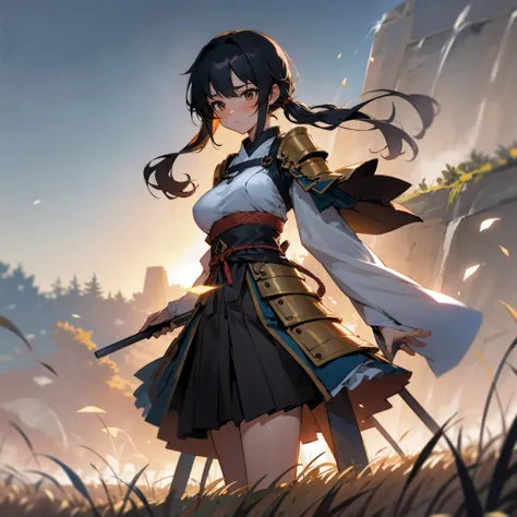 1female, adult, big breast, tan skin, finely detailed brown eyes, long wavy pigtails, pale black hair color, loose open yukata, ronin clothing, short skirt, shoulder armor piece, blushing, standing in flower field, waterfall, night, somber expression, vill...