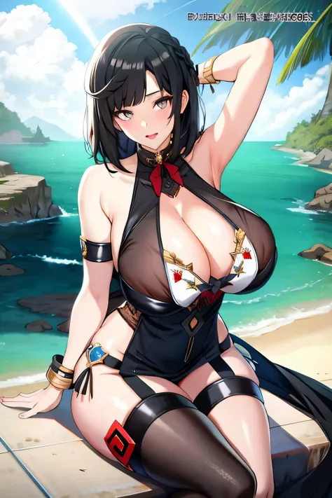 black hair, black colored dress, white eyes, gigantic breasts, cleavage, bare legs