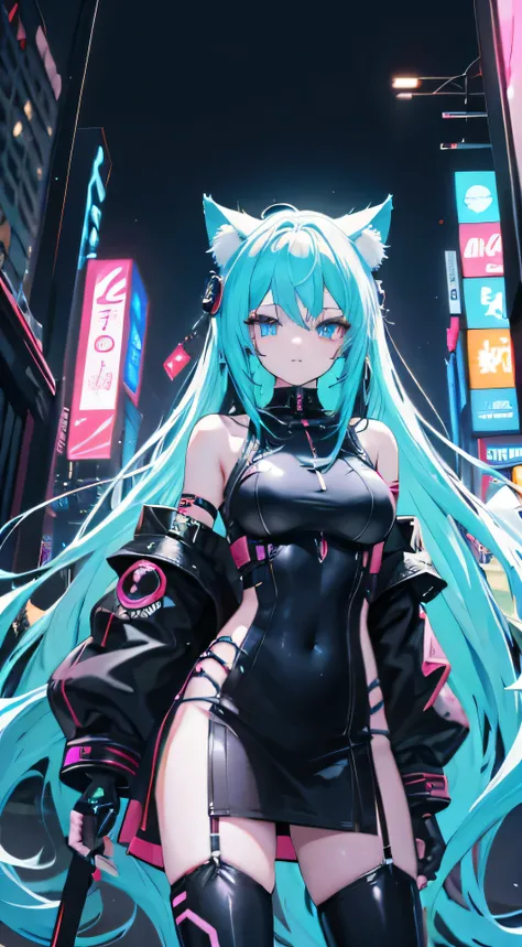 Anime girl with long hair and cat ears wandering in a bustling cyberpunk city, digital masterpiece of cyberpunk anime art with neon lights and holographic advertisements, female cyberpunk anime character proudly standing next to her sleek mech, exquisitely...