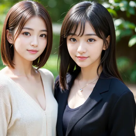 Best-quality, Masterpiece, Ultra-High-Resolution, (Photorealistic:1.4), Raw-Photo, (A lesbian couple, 18-years-old girl and 25-years-old woman), in the morning, In the spring, At Hiroshimas entertainment distric, (The 15-year-old girl, the most famous Japa...