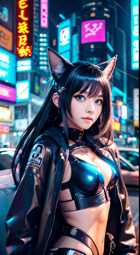 With realistic high-definition images，girl with long hair and cat ears wandering in a bustling cyberpunk city, digital masterpiece of cyberpunk anime art with neon lights and holographic advertisements, female cyberpunk anime character proudly standing nex...