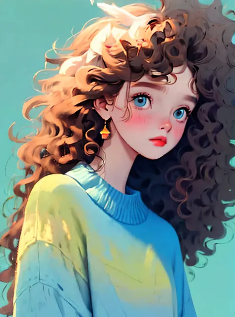 (melhor qualidade,4k,8K,high resolution,obra de arte:1.2),Super detalheed,(real,photoreal,photo-real:1.37),Unique style,kind girl sitting,cabelo exagerado,fofinho hair,pequenas sardas,exaggerated expression,Surrealismo, green polka dot sweater,detalhe,Crin...