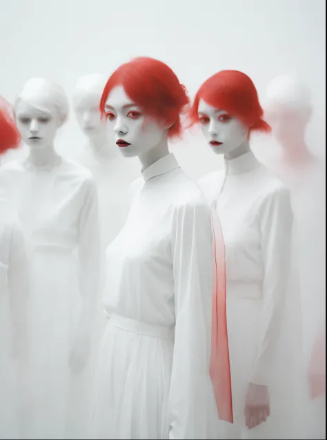 Party in the style of minimalist figures, light white and red, mote kei, realist-portraits, ethereal photography, ghostly figures, close up, pictorial dram, 50mm