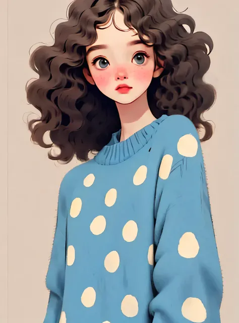 (melhor qualidade,4k,8K,high resolution,obra de arte:1.2),Super detalheed,(real,photoreal,photo-real:1.37),Unique style,kind girl sitting,cabelo exagerado,fofinho hair,pequenas sardas,exaggerated expression,Surrealismo,Duck egg green polka dot sweater,deta...