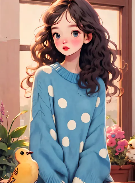 (melhor qualidade,4k,8K,high resolution,obra de arte:1.2),Super detalheed,(real,photoreal,photo-real:1.37),Unique style,kind girl sitting,cabelo exagerado,fofinho hair,pequenas sardas,exaggerated expression,Surrealismo, green polka dot sweater,detalhe,Crin...