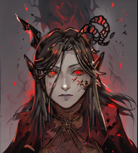 drawing of a feminine man with two dancing blood horns on one side of his face, dnd character, horns and red eyes, Sanguine dancer, blood dancer,