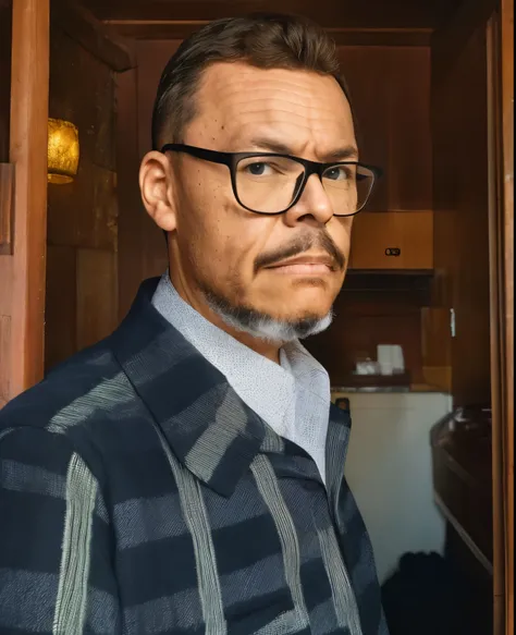 gutto2024lora3, a photograph of a man with a goatee, wearing a plaid shirt in a lumberjack style, and glasses. it's a promotiona...