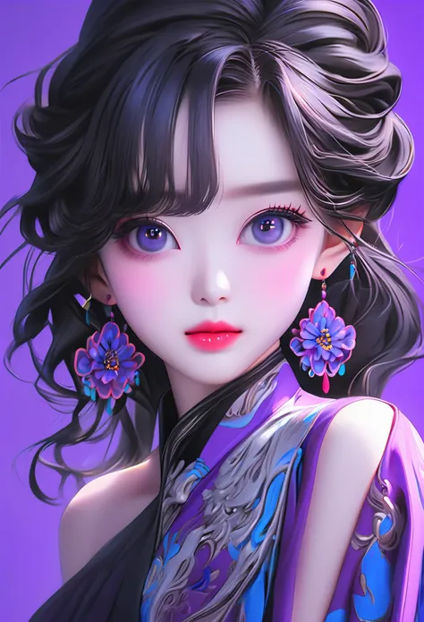 (best quality,highres,masterpiece:1.2),ultra-detailed,realistic,Asian model,purple and blue background,black clothes,detailed eyes,detailed lips,longeyelashes,vivid colors,studio lighting