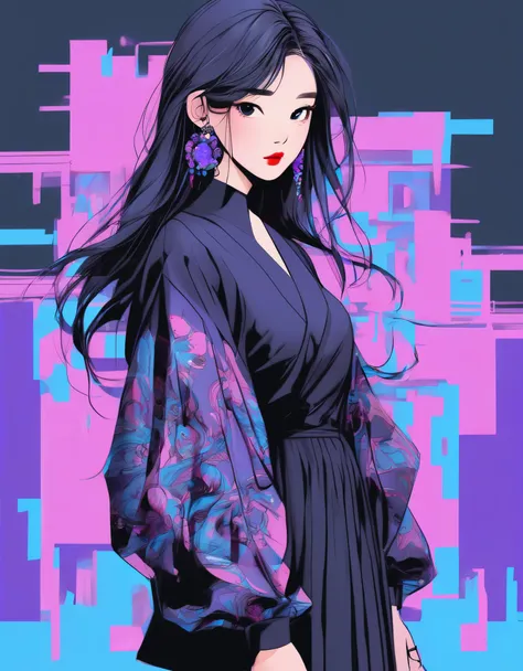 Asian model, purple and blue background, black clothes