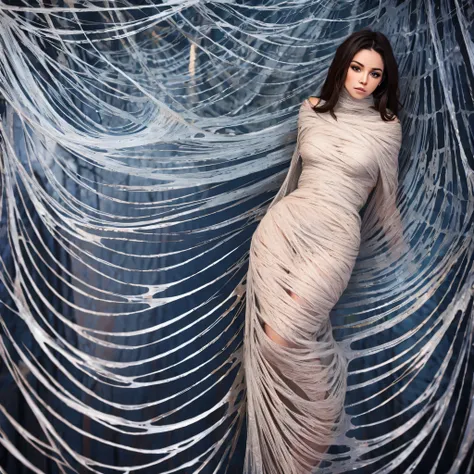 one girl tied up by another one with rope,(bright lighting,romantic setting),dreamy background,bondage,dark hair, mesmerizing gaze, , soft skin, alluring beauty, artistic portrait, high-quality image, vibrant colors, long silk gown, dressing room, (cocoon:...