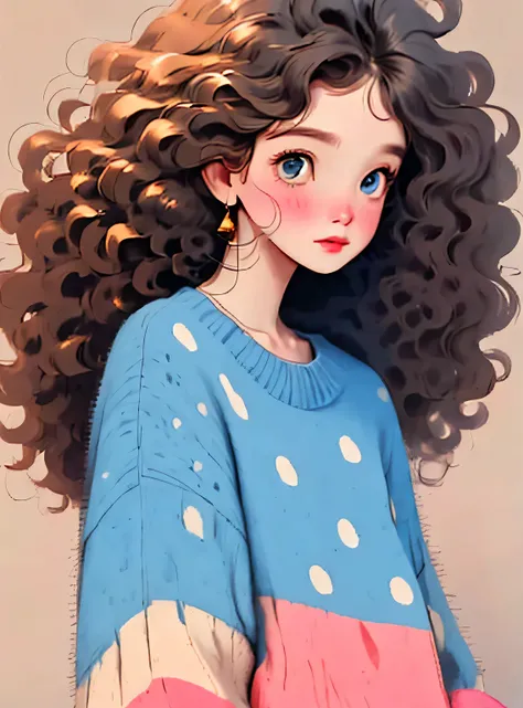 (melhor qualidade,4k,8K,high resolution,obra de arte:1.2),Super detalheed,(real,photoreal,photo-real:1.37),Unique style,kind girl sitting,cabelo exagerado,fofinho hair,pequenas sardas,exaggerated expression,Surrealismo, green polka dot sweater,detalhe,Crin...