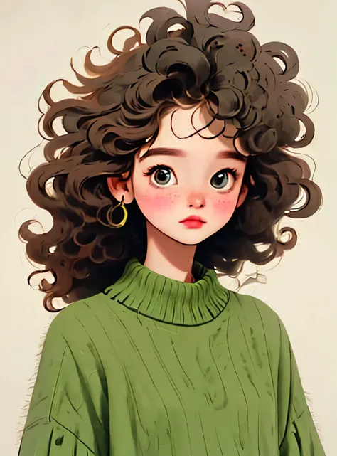 (melhor qualidade,4k,8K,high resolution,obra de arte:1.2),Super detalheed,(real,photoreal,photo-real:1.37),Unique style,kind girl sitting,cabelo exagerado,fofinho hair,pequenas sardas,exaggerated expression,Surrealismo, green polka dot sweater,detalhe,Crin...