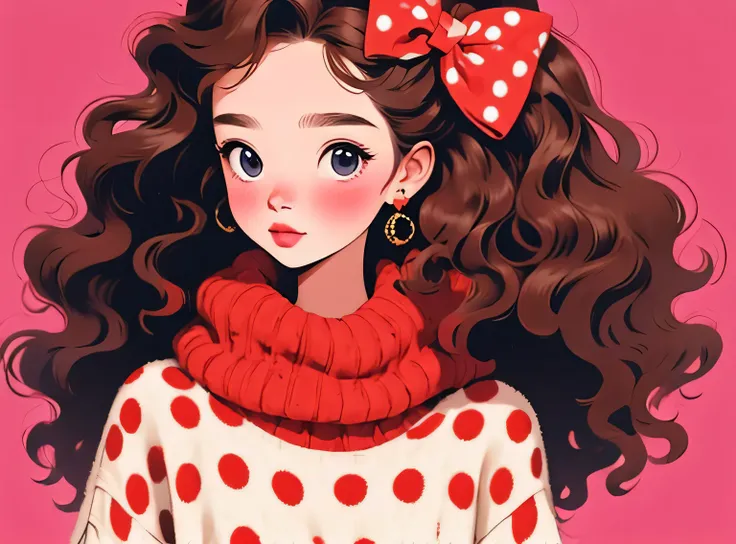 (obra de arte, melhor qualidade:1.2), 1 garota, sozinho,Cabelo ondulado,faixa de arco,polka dot sweater,Sweater Details,fundo limpo