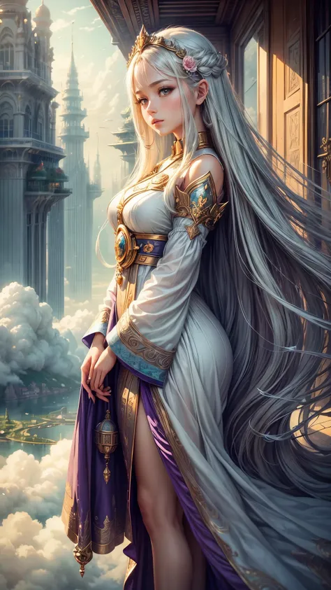 ((serene girl)) A city on clouds, with flowing hair, vivid and lively surroundings, tall and elegant buildings, airships in the sky, enchanting gardens, calm and tranquil mood, magical atmosphere, benevolent deitys reign over a sky kingdom, inhabitants liv...