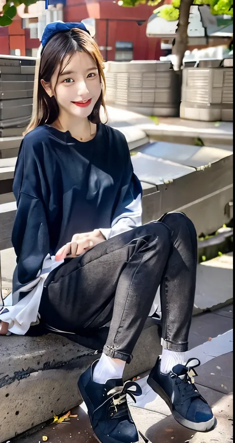 A neat and beautiful woman sitting on a park bench、black hair、Jacket、blouse、skinny denim、sneakers、socks slightly visible through shoes、refreshing smile、smiling showing teeth、full body photo、hairstyle short cut、hat