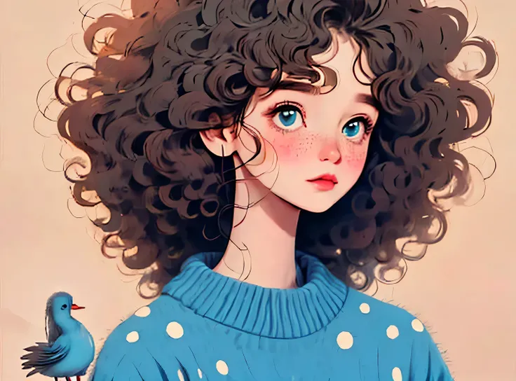 (melhor qualidade,4k,8K,high resolution,obra de arte:1.2),Super detalheed,(real,photoreal,photo-real:1.37),Unique style,kind girl sitting,cabelo exagerado,fofinho hair,pequenas sardas,exaggerated expression,Surrealismo,Duck egg green polka dot sweater,deta...