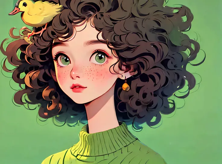 (melhor qualidade,4k,8K,high resolution,obra de arte:1.2),Super detalheed,(real,photoreal,photo-real:1.37),Unique style,kind girl sitting,cabelo exagerado,fofinho hair,pequenas sardas,exaggerated expression,Surrealismo,Duck egg green polka dot sweater,deta...