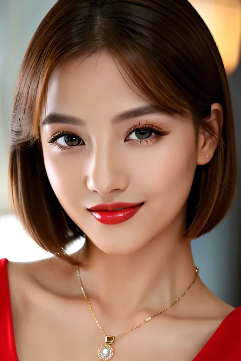 (highest quality、table top、8k、best image quality、Award-winning work)、(one young girl, 14 years old:1.3)、(Perfect V-neck red long knit sweater:1.2)、(red eyeshadow:1.2)、perfect makeup、long eyelashes、Super high-definition sparkling eyes、ultra high definition ...