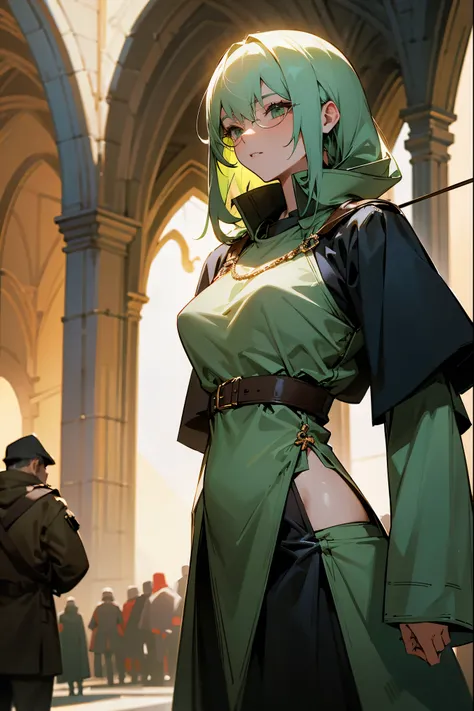 1female, light green hair, black aviators, slim baggy clothing, laying down with sniper, medieval clothing, old city background, detailed background, standing on path