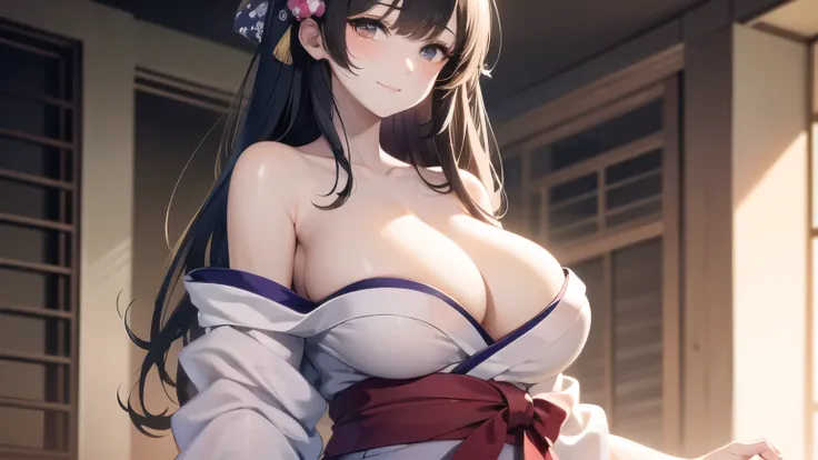 (((masterpiece, best quality))), (((superior quality))), cute girl, ((extremely detailed girl)), (huge breasts), (yukata), (bare shoulders), strapless top, slight smile