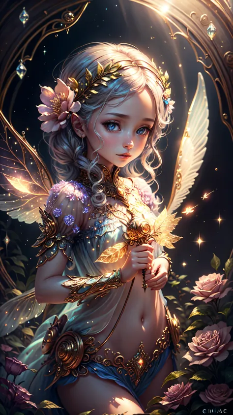 1 moon，beautiful transparent flower fairy baby, detailed face, detailed eyes, detailed hands, transparent colorful wings, the wa...