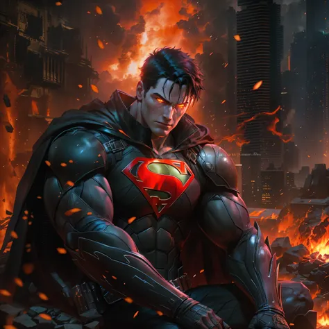 Superman in dark knight costume in front of a fire, epic anime art, artgerm craig mullins, anime concept hdr anime macmanus, jin - roh, by Arthur Pan, antoine collignon, by Yang J, with bright red eyes, style of raymond swanland, artgerm and craig mullins,...