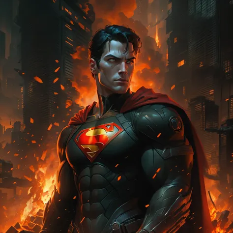 Superman in dark knight costume in front of a fire, epic anime art, artgerm craig mullins, anime concept hdr anime macmanus, jin - roh, by Arthur Pan, antoine collignon, by Yang J, with bright red eyes, style of raymond swanland, artgerm and craig mullins,...