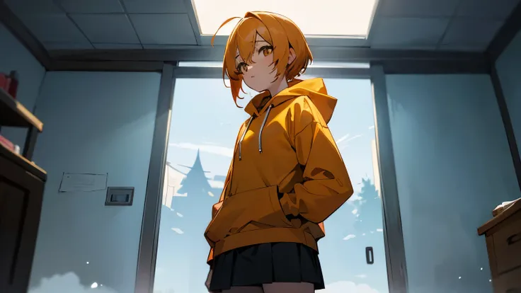 chica anime with orange hair and a hoodie in a room , female protagonist 👀 :8, female protagonist, female personaje animado, 8K)), Also, young chica anime, estilo anime, imagen animada, an chica anime, chica anime, estilo anime moderno, guweiz en pixiv art...