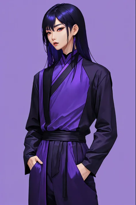 Asian model, purple and blue background, black clothes