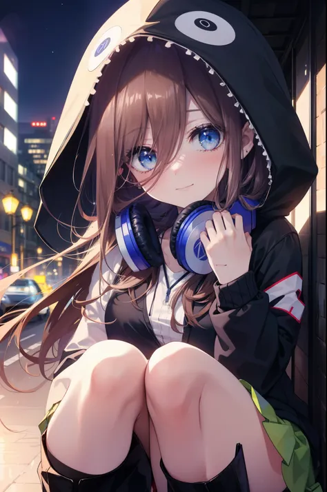 miku nakano, nakano miku ticket iii, long hair, bangs, blue eyes, brown hair, hair between eyes, blush,smile,headphones around t...