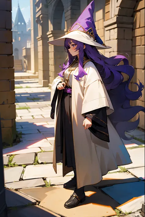 1female, purple hair, long wavy hair, wizard hat, poofy wizard clothing, medieval clothing, old city background, detailed background, standing on path