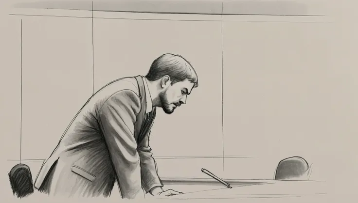 storyboard sketch：in court，The defendant held the table，Lowered his head，Shooting the defendant&#39;s face looking up