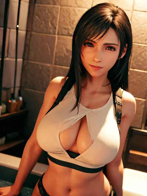 Tifa en la ducha, pose sensual, culo redondo, big breasts and light brown eyes. 8K, mejor calidad, obra maestra: 1.2