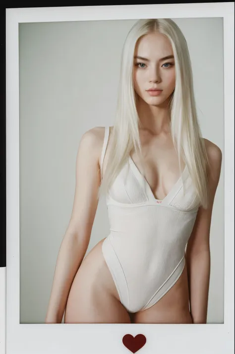 arafed instagram supermodel, chinese features, mid-length white hair, pale skin, perfect face, looking hot, victoria secret body, amanda, harsh polaroid flash, vintage quality, in the night, dark background, one girl, vogue