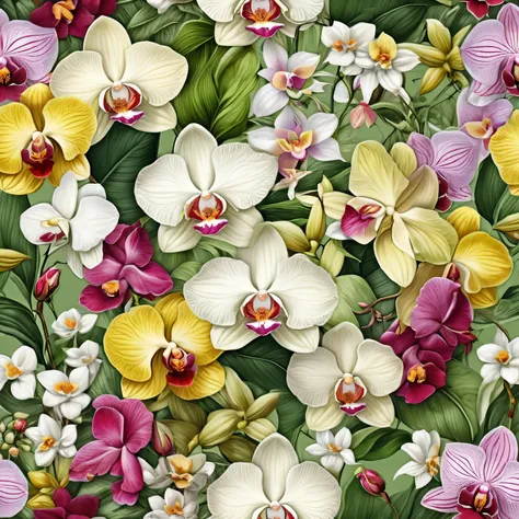 flower collage, wallpaper pattern, realistic, ultra-detailed, orchids, roses, wildflowers, green leaves, no humans 