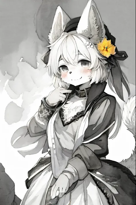 monochrome, watercolor, highres, top quality, best quality, paid reward available, High-quality illustrations, unparalleled masterpiece, perfect artwork, absurdres, 1girl, kemono, furry, detailed body fur, animal face, animal hand, Archaic Smile, holding a...